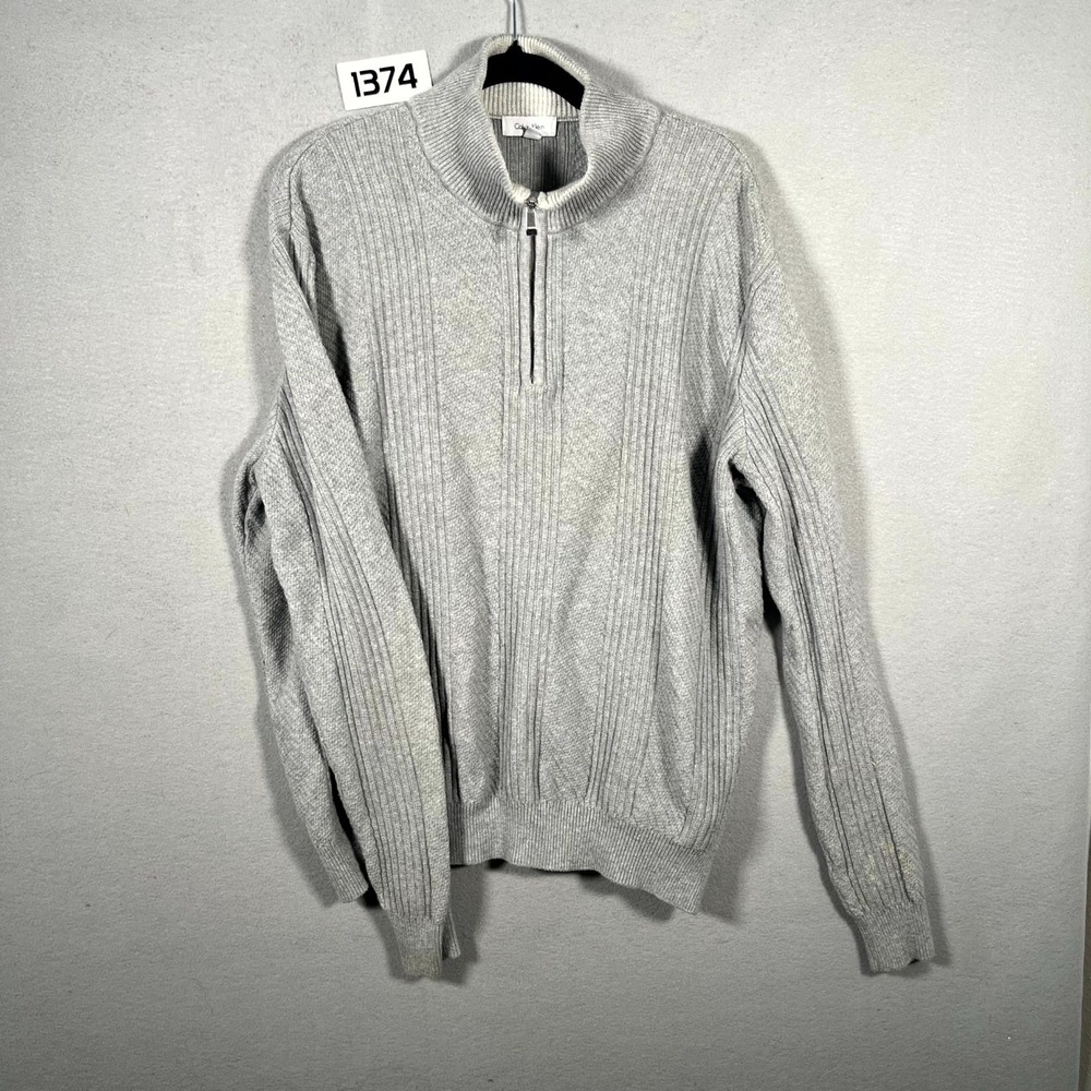 Calvin Klein Sweater Mens Large Gray Quarter Zip Cotton Ribbed Knit READ